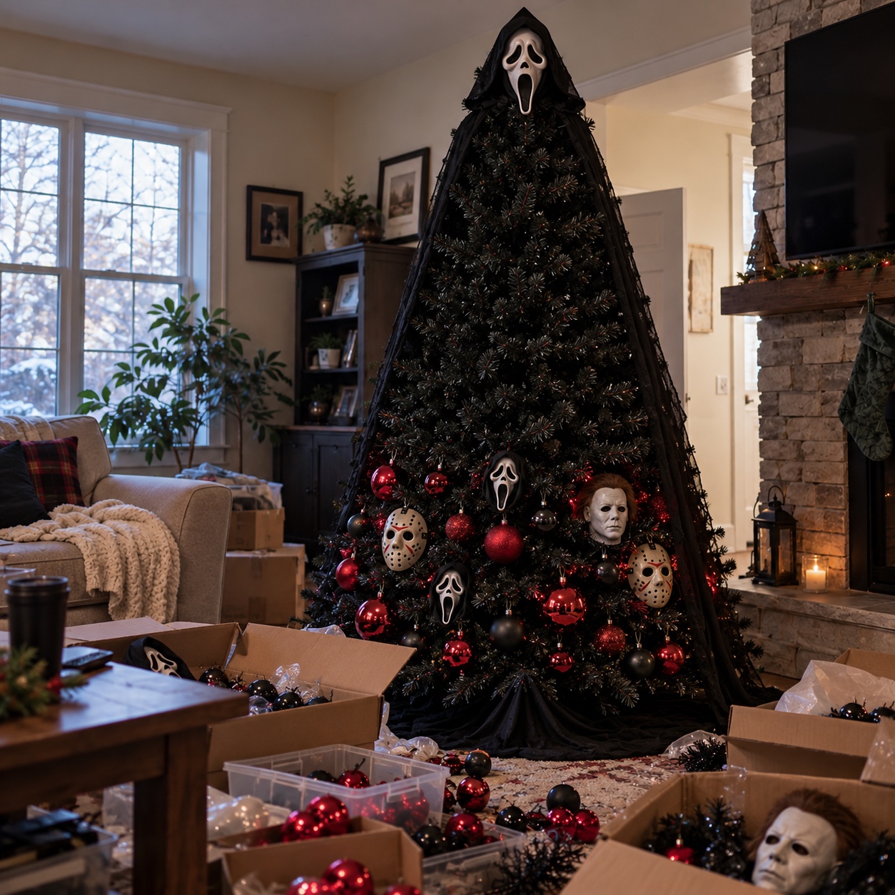 Black Frightmas Tree being decorated with horror masks and red ornaments