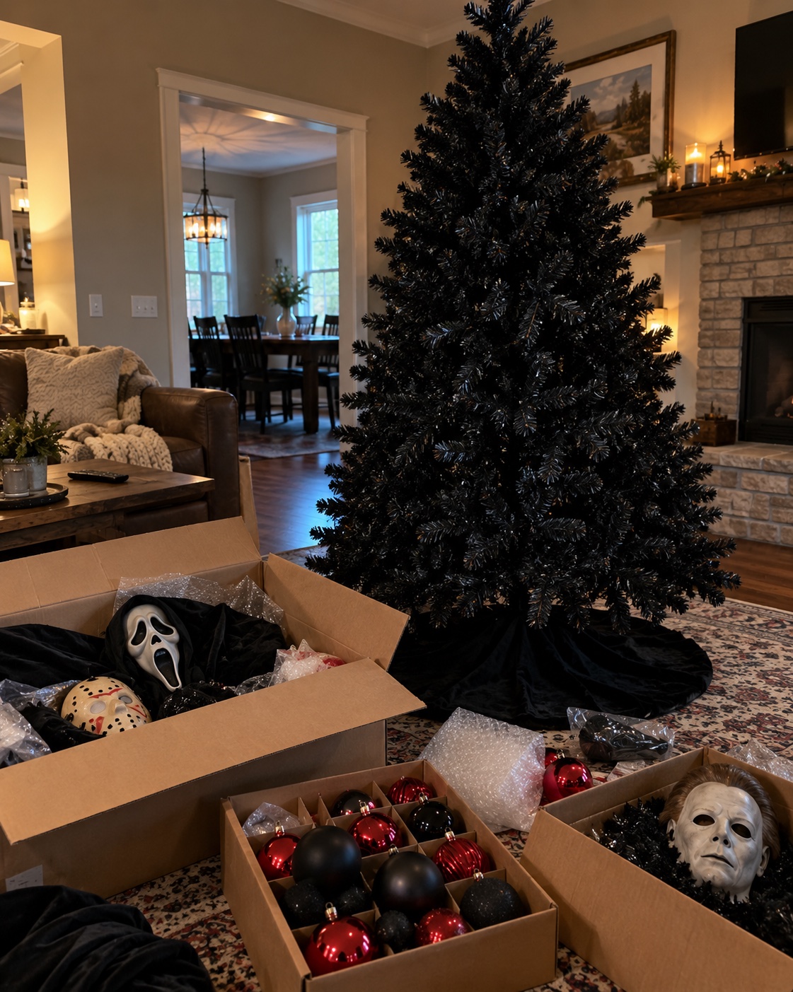 Black Frightmas Tree beside boxes of horror masks and ornaments