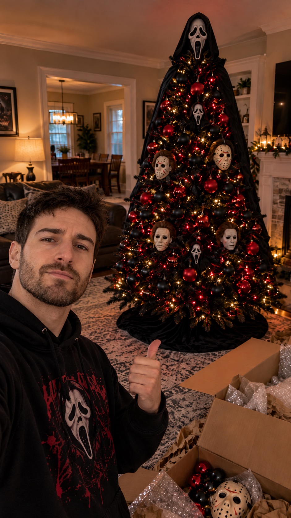Illuminated Frightmas Tree with horror-mask ornaments and a hooded topper